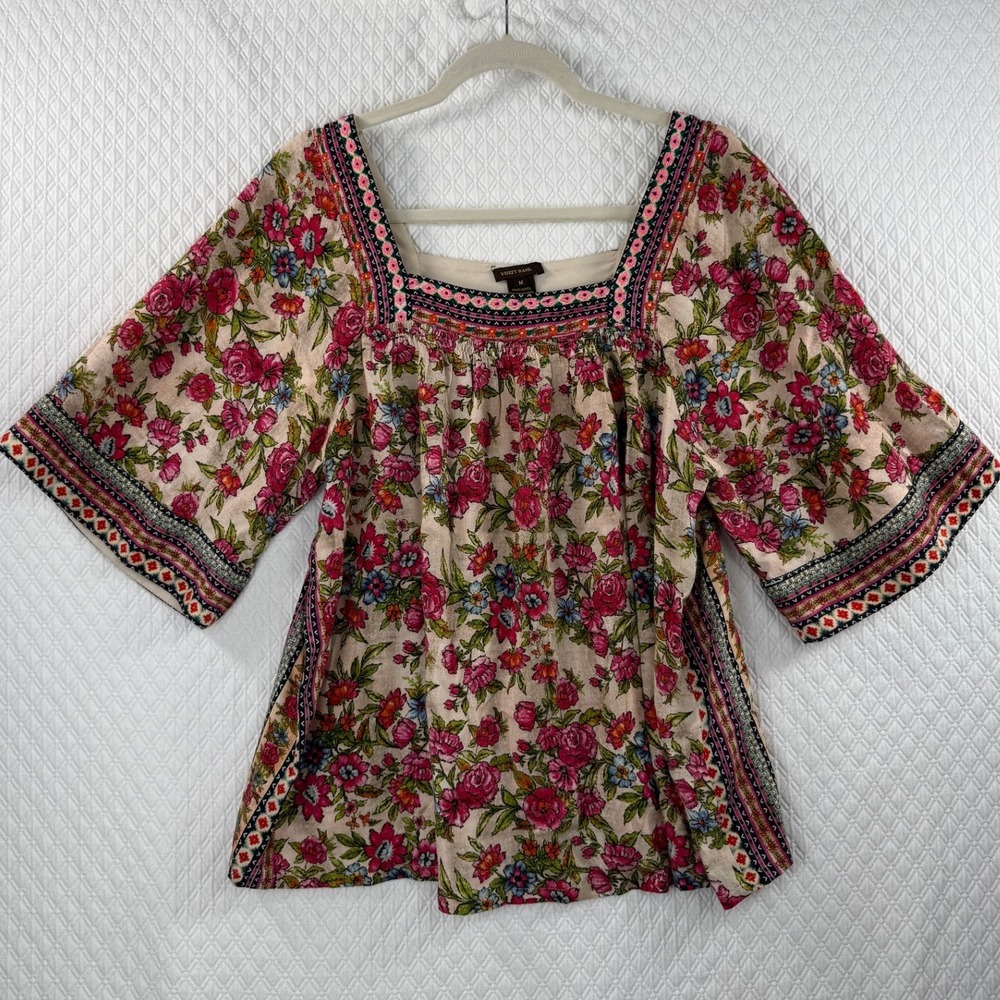 Vineet Bahl Floral Boho Blouse Pink Green Square Neck Kimono Sleeve Medium